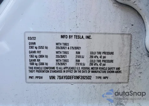 2022 Tesla Model Y from USA, damaged, VIN 7SAYGDEFXNF392502